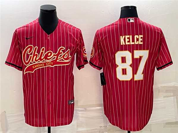 Men%27s Kansas City Chiefs #87 Travis Kelce Red With Patch Cool Base Stitched Baseball Jersey->kansas city chiefs->NFL Jersey